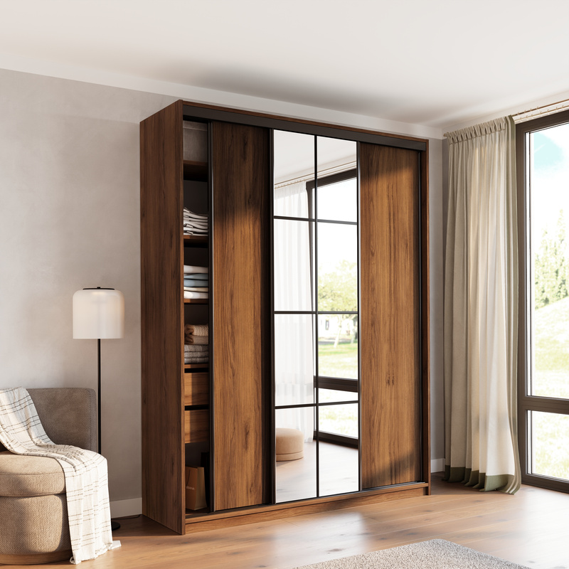 Wysoka szafa przesuwna z lustrem 180 cm do sypialni EDGE MAX orzech