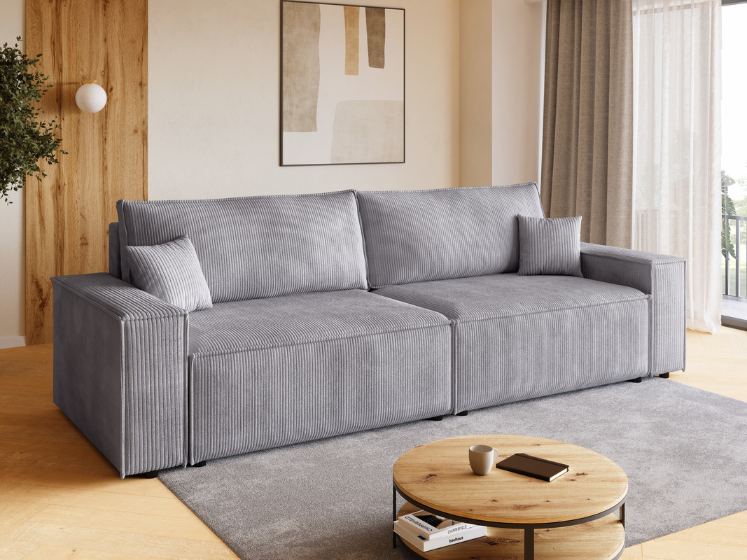 Kanapa z funkcją spania i pojemnikiem sztruksowa szara ADI