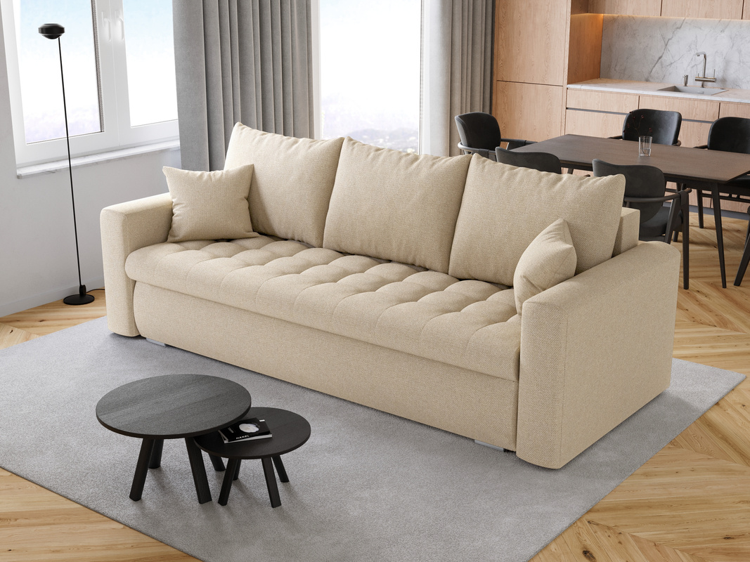Beżowa kanapa do salonu z funkcją spania i pojemnikiem LUIS