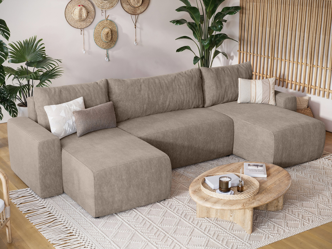 Sztruksowa kanapa narożna z funkcją spania PLUSH U beż