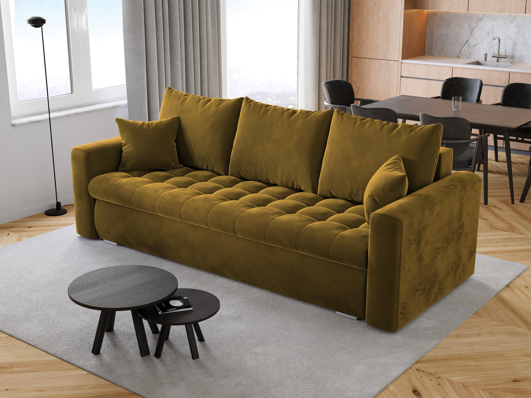 Musztardowa kanapa do salonu z funkcją spania i pojemnikiem LUIS