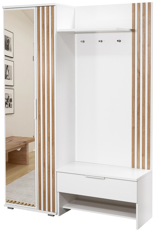 Biała garderoba z lamelami i lustrem 140 cm MONTE