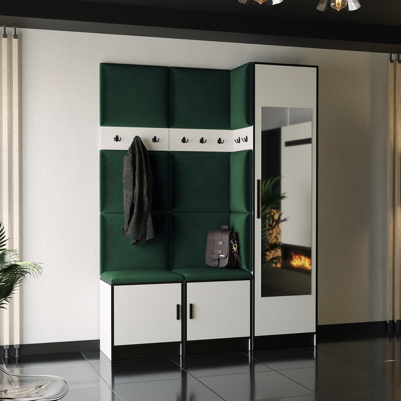 Biała garderoba do przedpokoju z panelami tapicerowanymi RIVIO