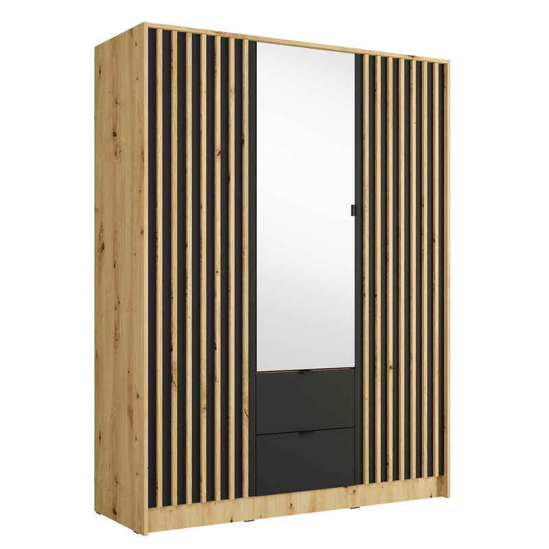Szafa trzydrzwiowa 150 cm z lamelami i lustrem KORSO dąb artisan czarny