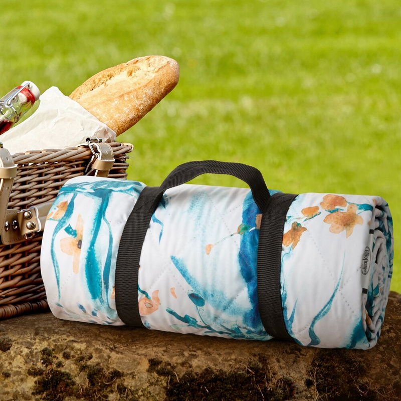 Koc piknikowy 130x145 cm GRASS biały z roślinnym wzorem