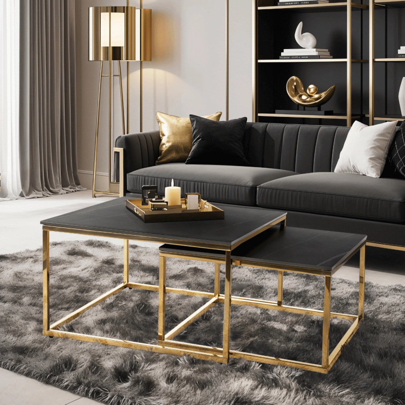 Zestaw stolików kawowych do salonu czarny marmur złoty TULIO