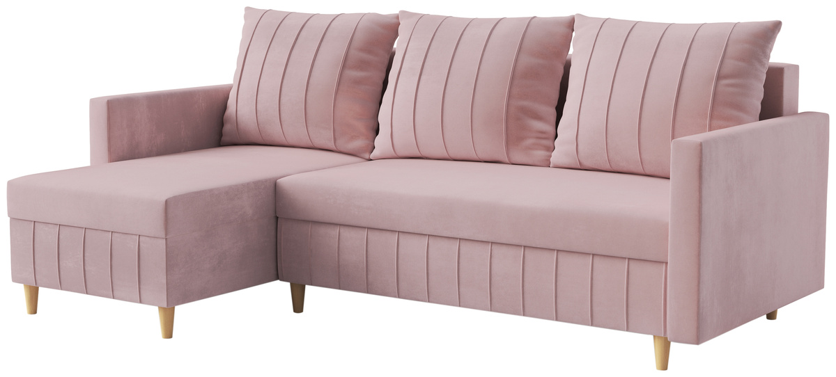 Rozkładana kanapa narożna do salonu z funkcją spania pudrowy róż FOCUS