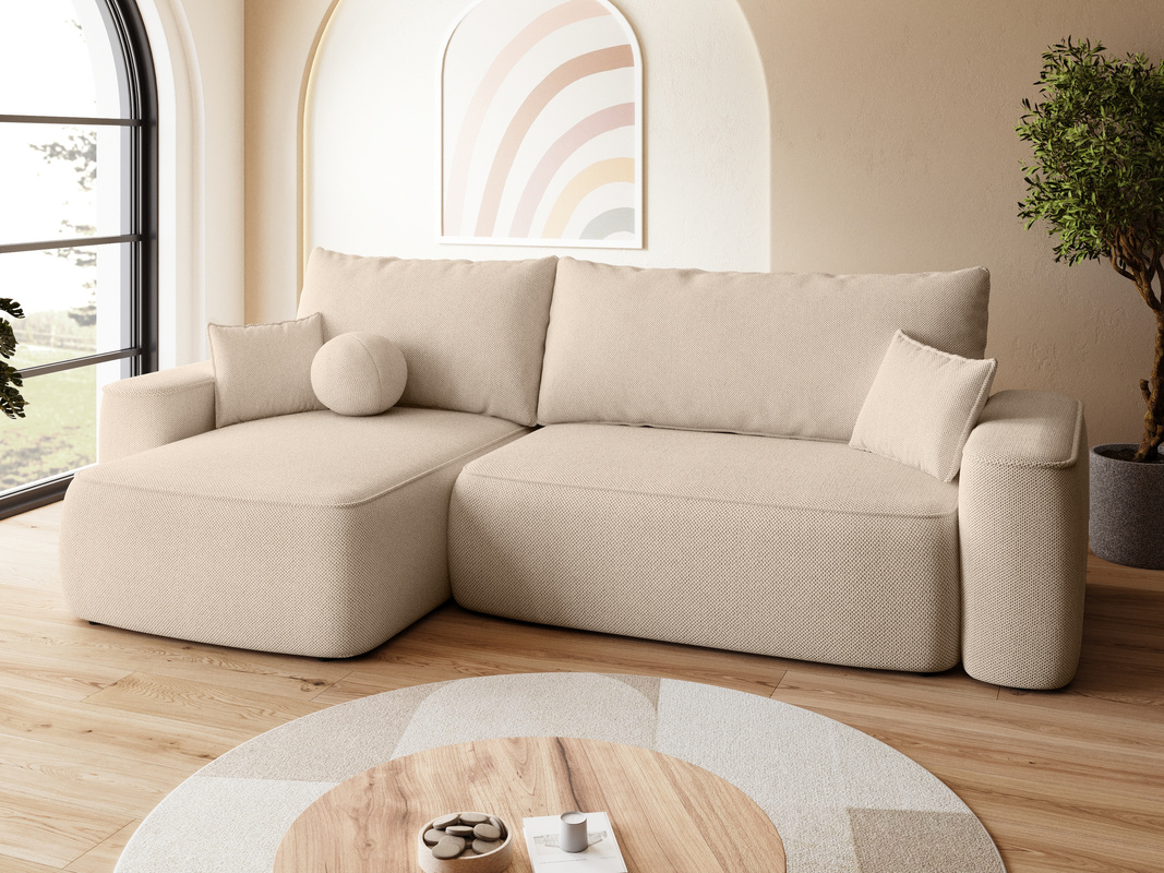 Beżowa kanapa narożna z funkcją spania do salonu CARMELLO DUO
