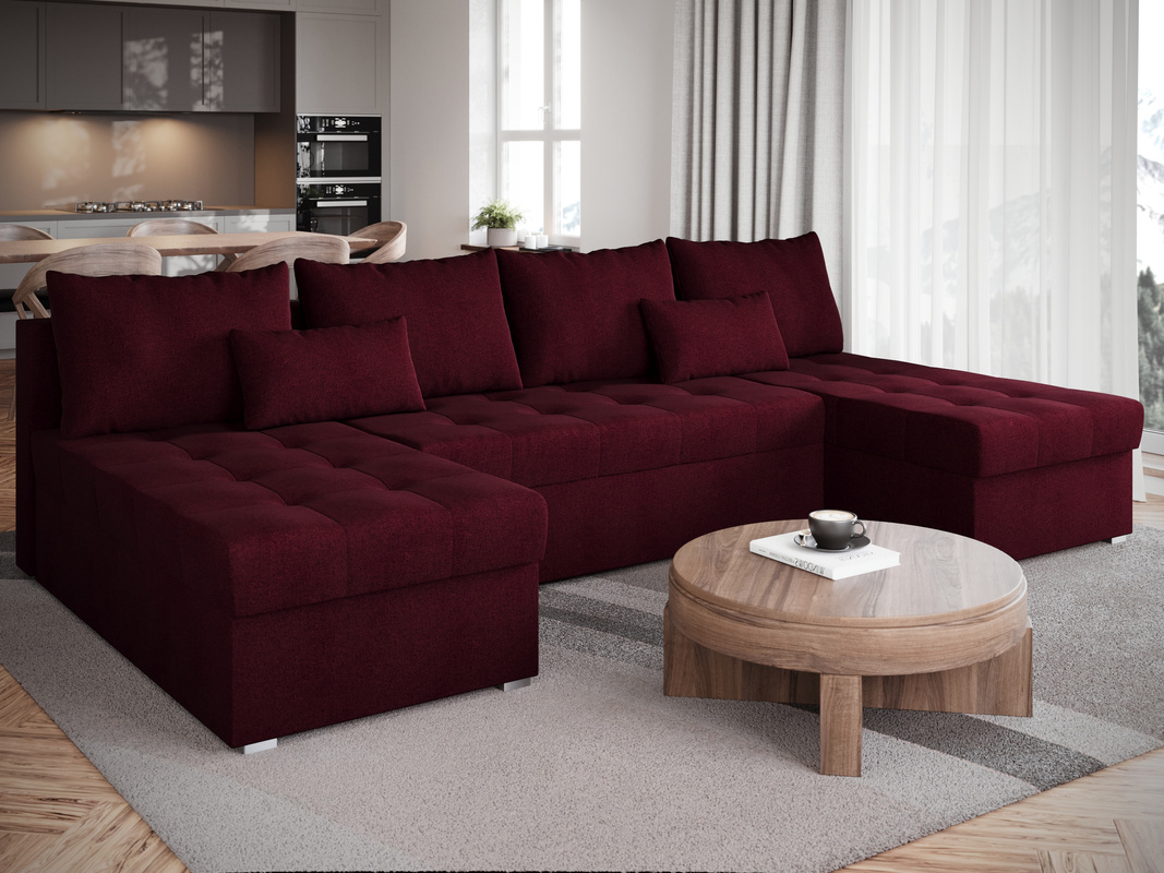 Duża kanapa narożna z funkcją spania do salonu HOT SLIM U burgundowa