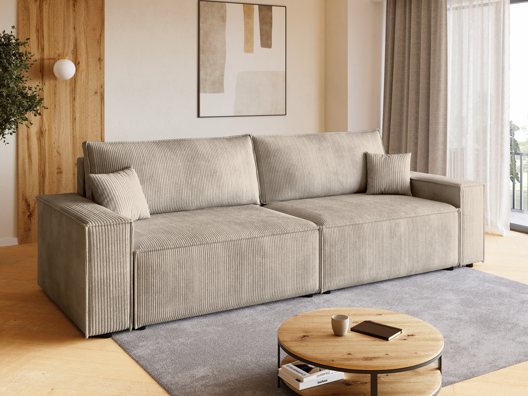 Beżowa sztruksowa kanapa z funkcją spania i pojemnikiem na pościel ADI