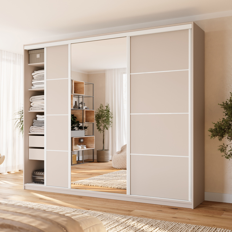 Pojemna beżowa szafa przesuwna 280 cm z lustrem VITA MAX