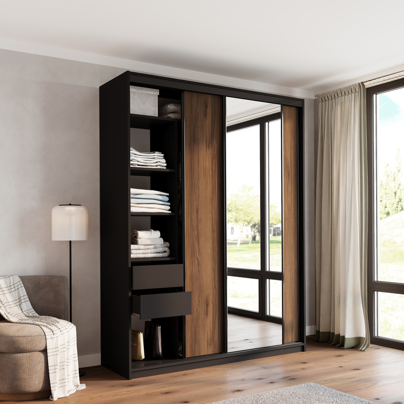 Wysoka szafa przesuwna z lustrem 180 cm do sypialni LOFT MAX orzech