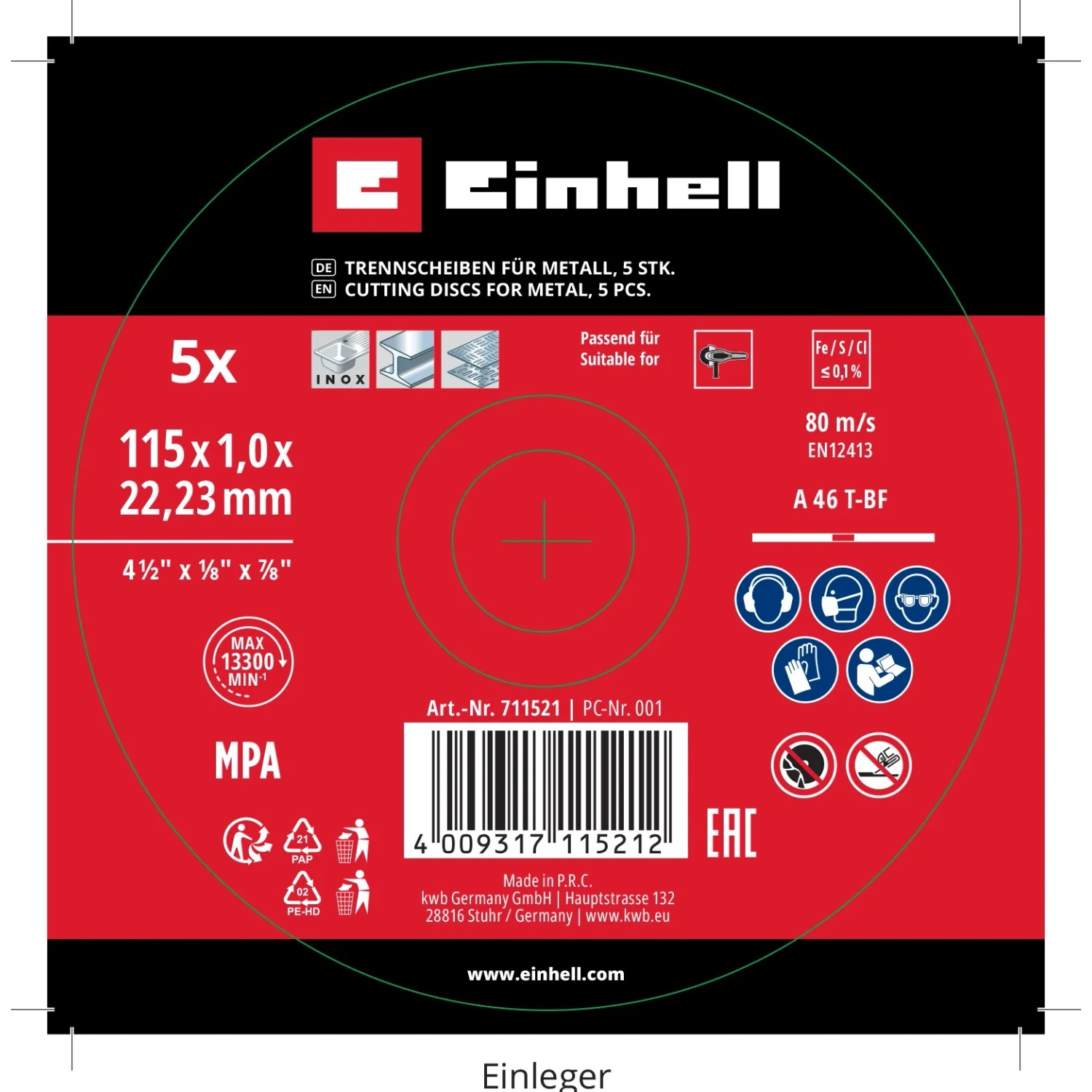Einhell Tarcza do metalu 115 mm - 5 szt.