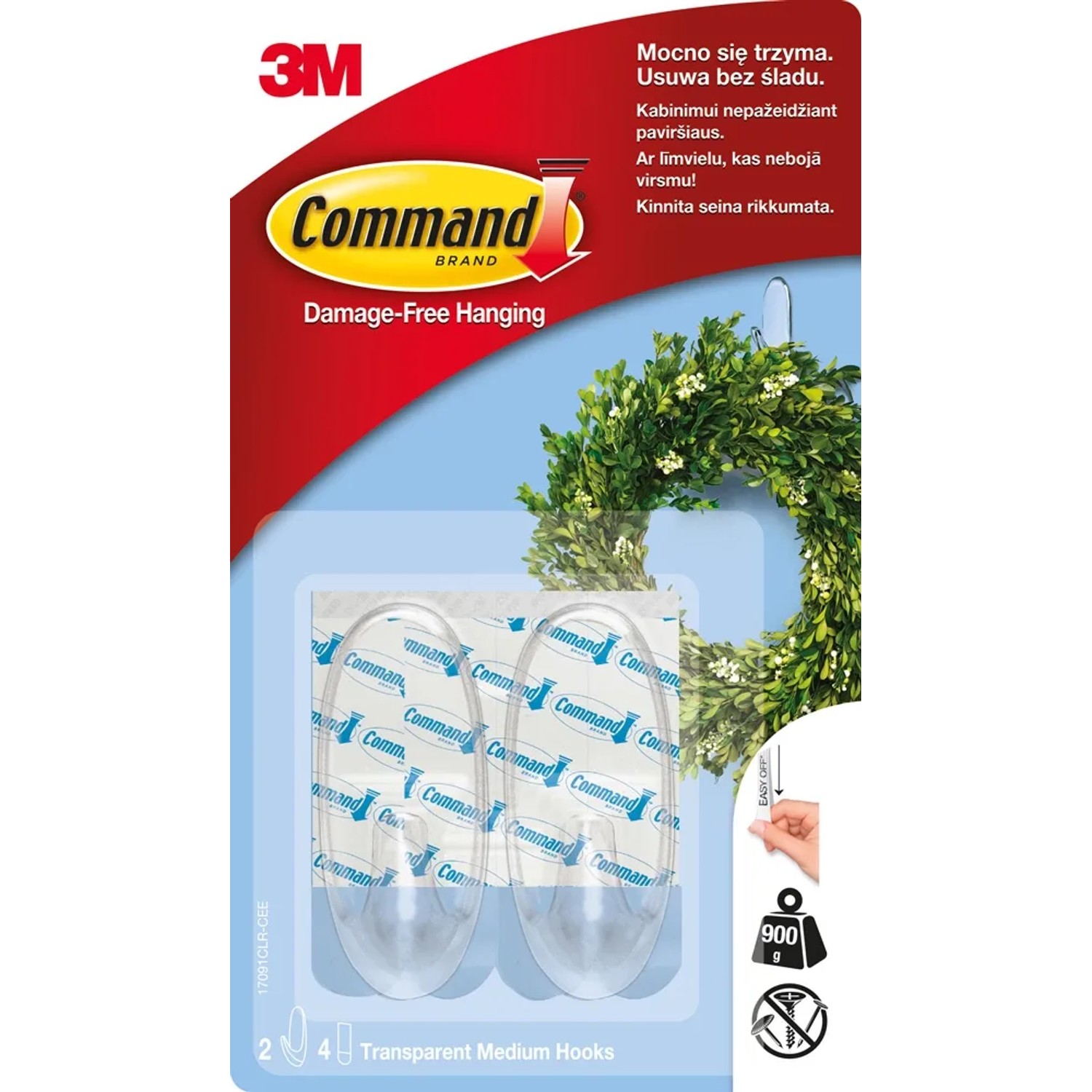 3M Command Przezroczyste haczyki wielokrotnego użytku do 900 g, średnie 2 szt.