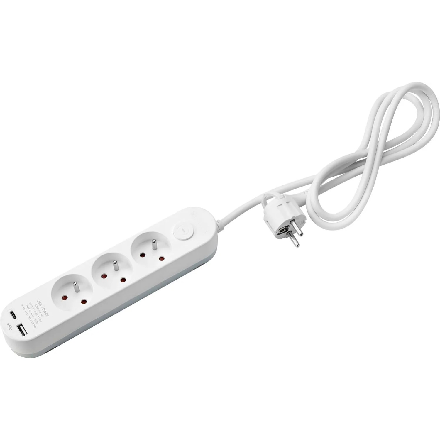 Przedłużacz 3-gniazdkowy Z/U + USB/USB C biały - 1,4 m
