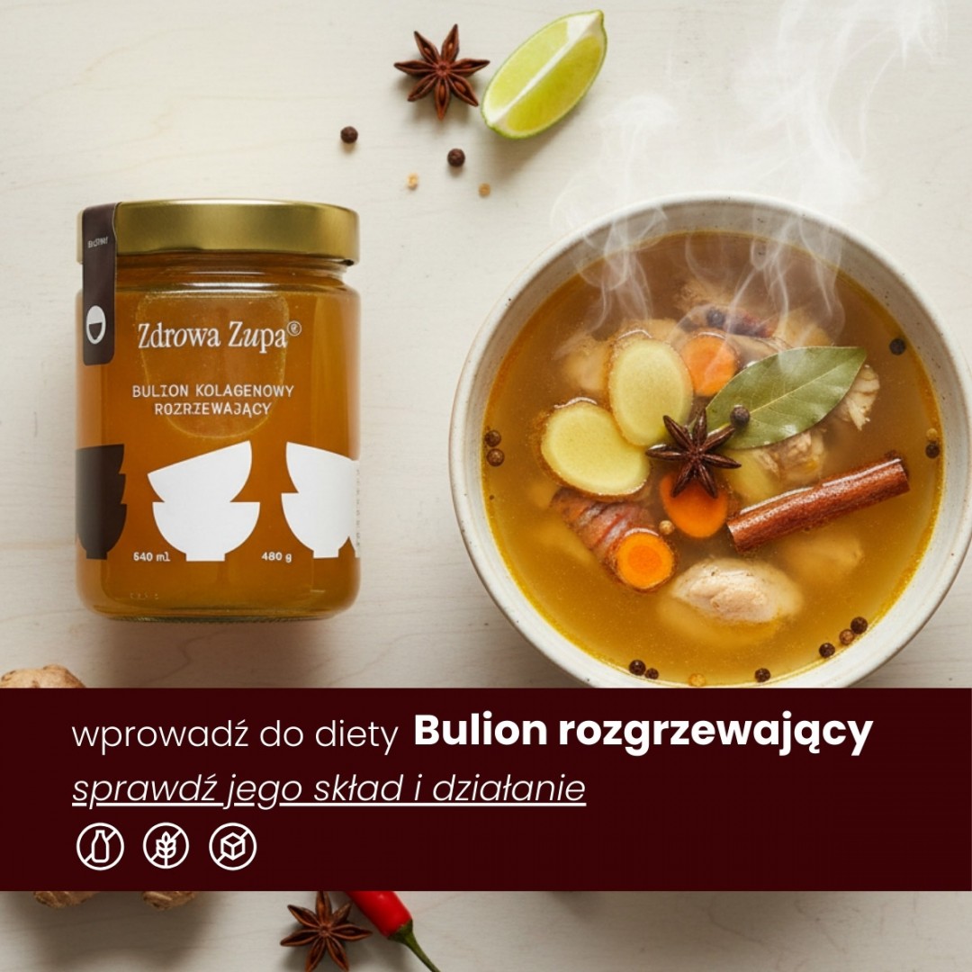 Bulion kolagenowy rozgrzewający z imbirem (KETO) 540 ml (długo gotowany, bez glutenu, bez laktozy, keto, czysty skład 540 ml, do lodówki)