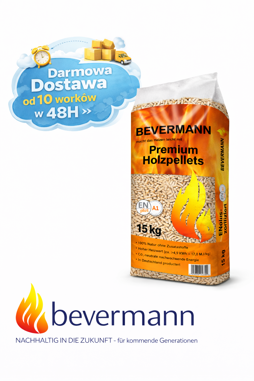 BEVERMANN PELET DRZEWNY 6 MM WOREK 15KG EN Plus A1 - NISKA WILGOTNOŚĆ