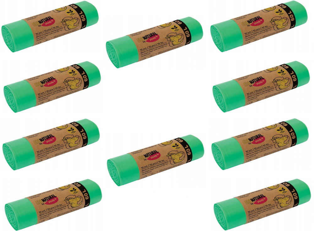 10x Worki na śmieci Eco Natural by York, na odpady zmieszane, 60l, 10 sztuk, zielony