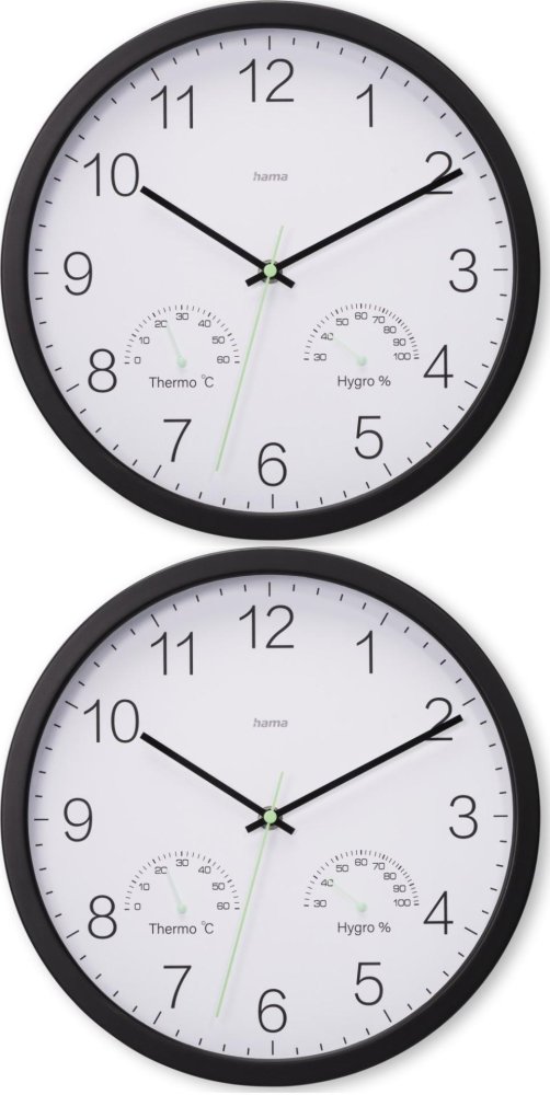 2x Zegar ścienny Hama Santorini, z termometrem i higrometrem, 30cm, tarcza kolor biały, obudowa kolor czarny