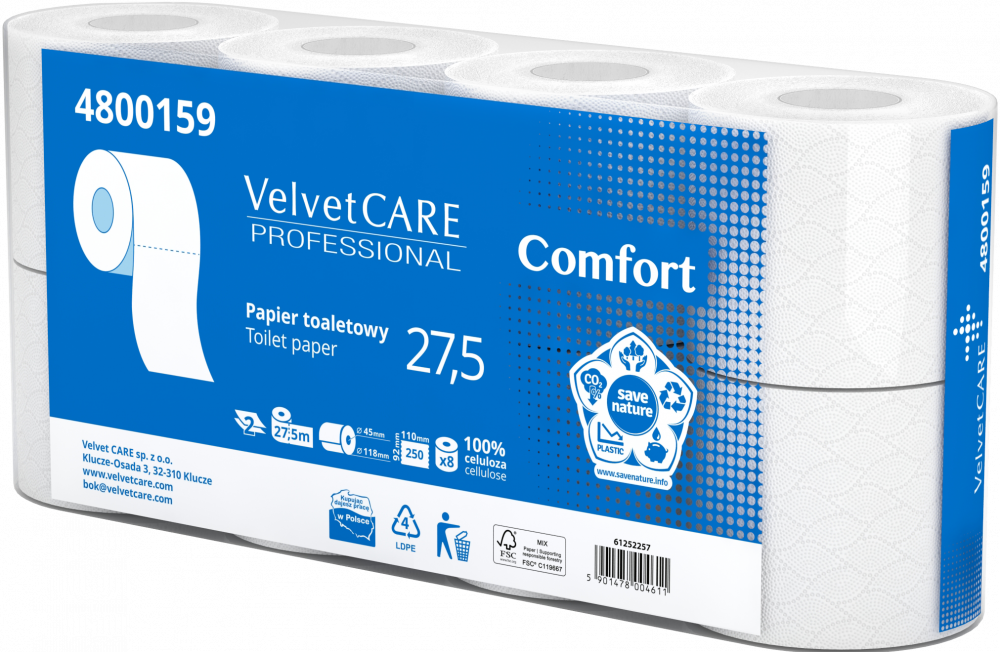 Papier toaletowy VelvetCARE Professional, 2-warstwowy, 27.5m, 8 rolek, biały