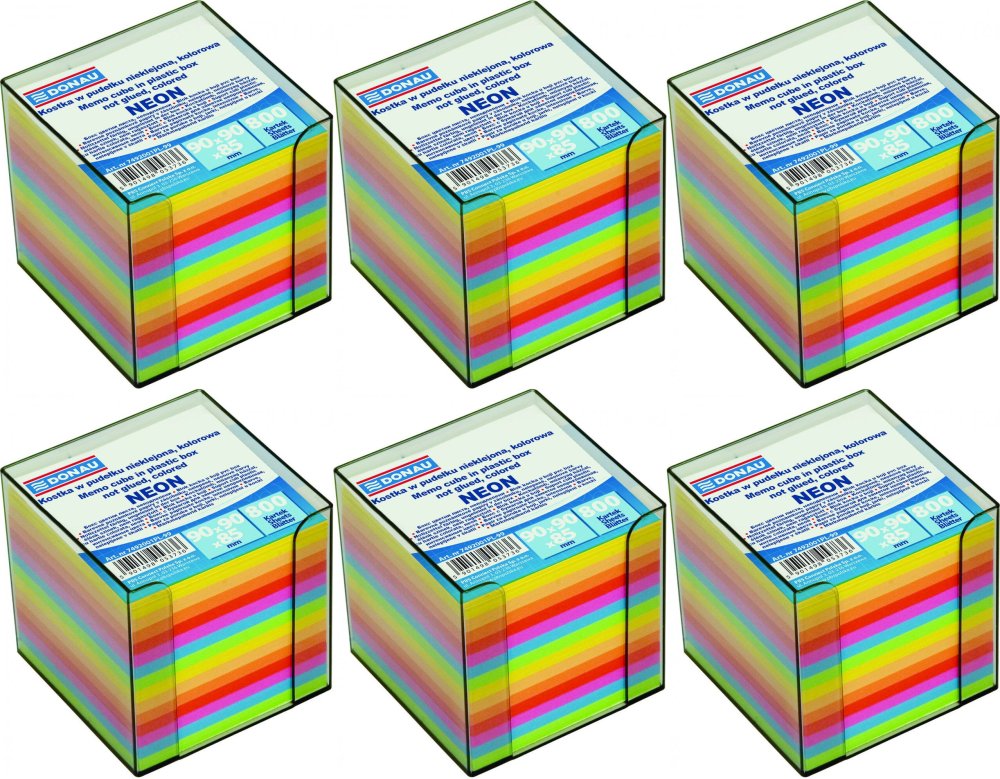 6x Pojemnik z kolorowymi karteczkami Donau, 95x95x95mm, 800 karteczek, transparentny