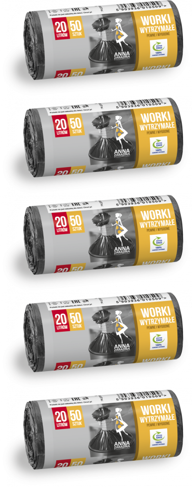 5x Worki na śmieci Anna Zaradna, wytrzymałe, na odpady zmieszane, 20l, 50 sztuk, czarny