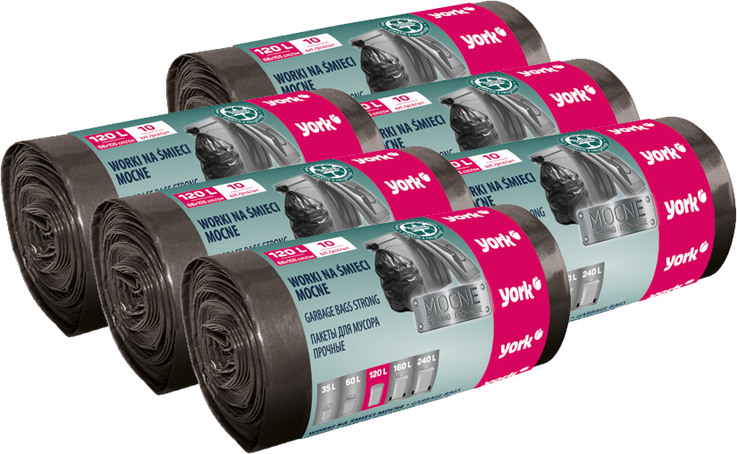 6x Worki na śmieci York Mocne, na odpady zmieszane,120l, 10 sztuk, czarny
