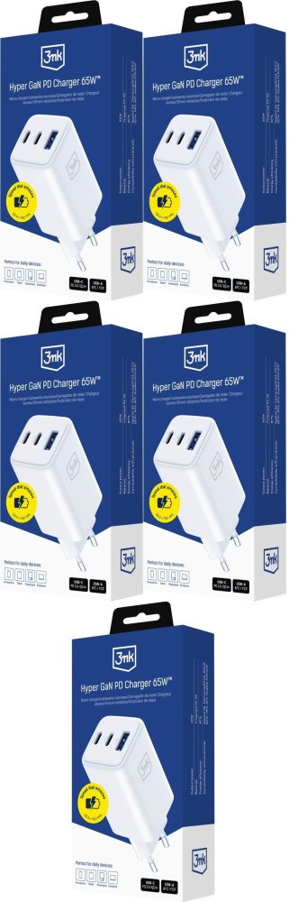 5x Ładowarka sieciowa 3mk Hyper GaN Charger 65W, QC4+ PD PPS, 2xUSB-C/USB-A, biały