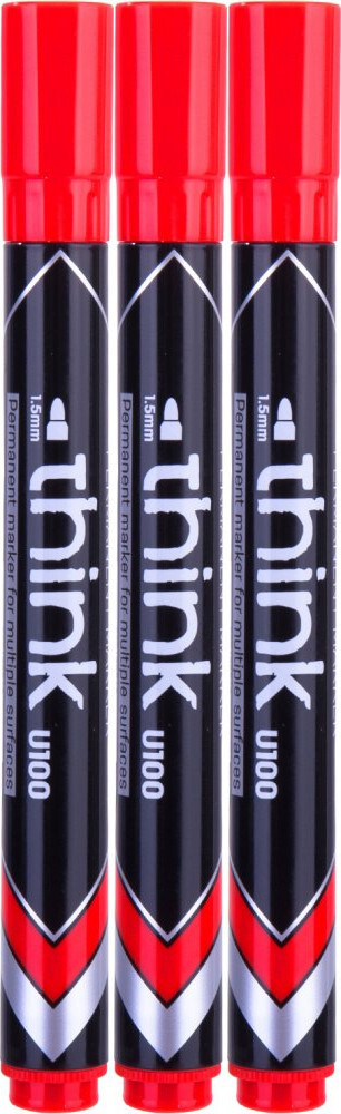 3x Marker permanentny Deli Think U100, okrągła, 1.5mm, czerwony