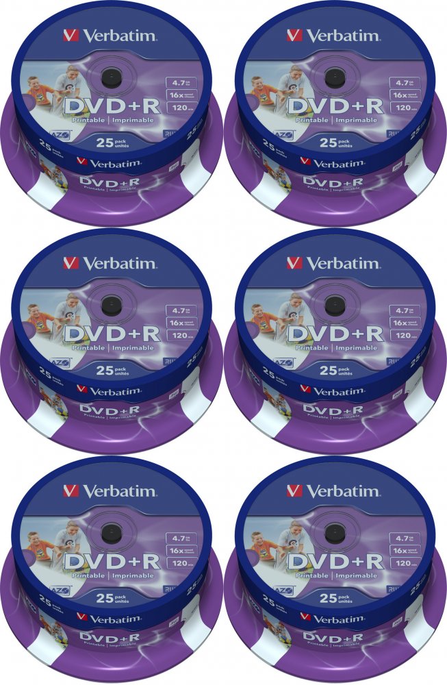 6x Płyta DVD+R Verbatim, do jednokrotnego zapisu, 4.7 GB, cake box, 25 sztuk