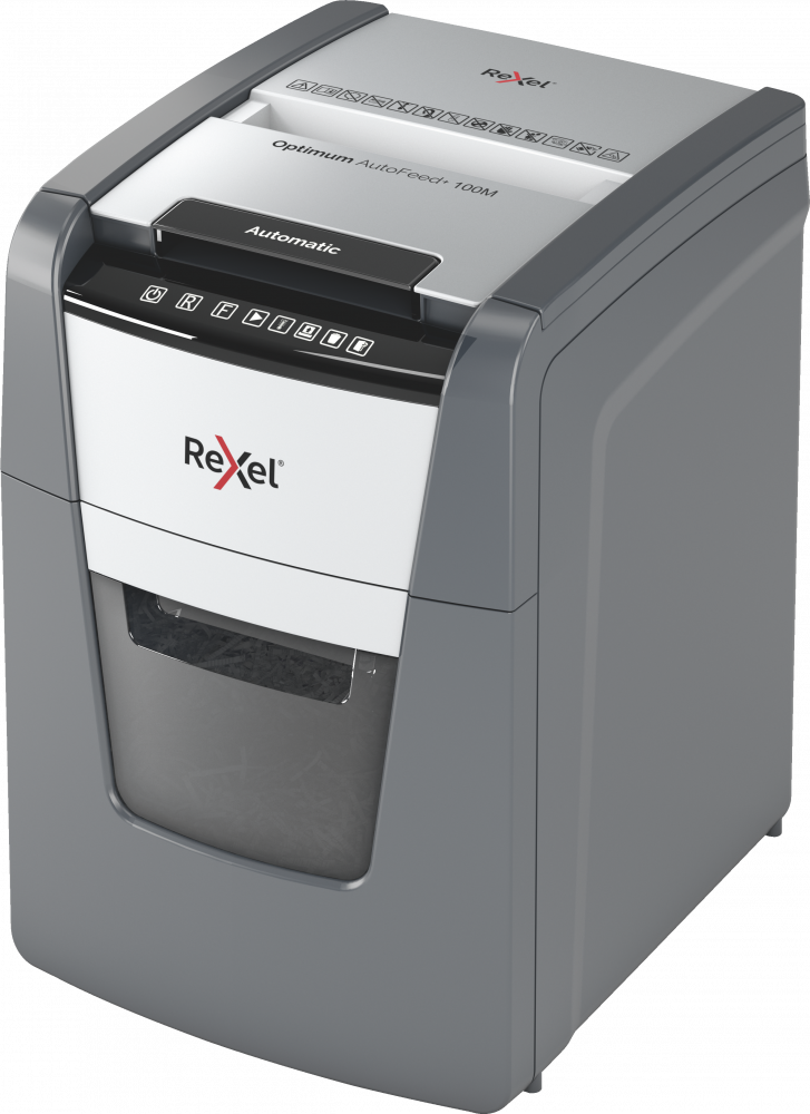 Niszczarka do papieru automatyczna Rexel Optimum AutoFeed+ 100M, mikrościnek 2x15 mm, 100 kartek, P-5 DIN, czarno-srebrny