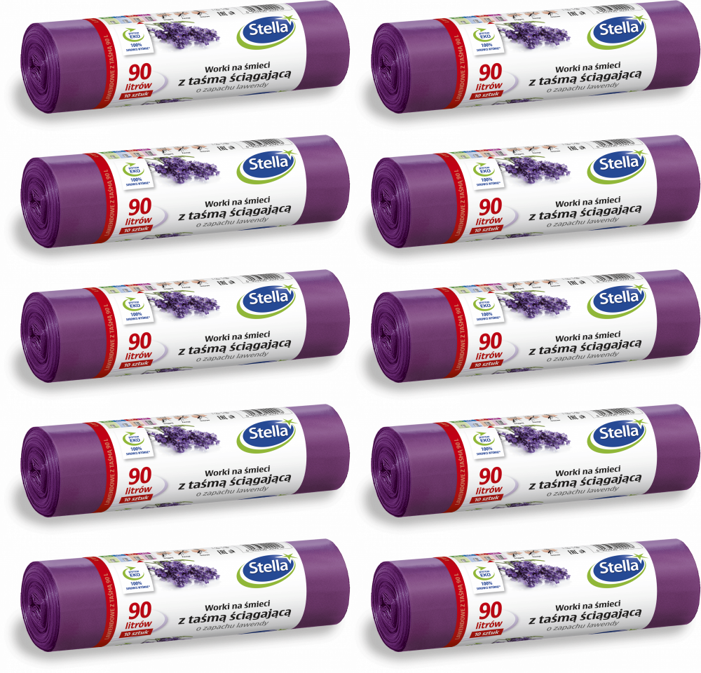 10x Worki na śmieci Stella, na odpady zmieszane, ekologiczne, 90l, 10 sztuk, lawendowe, fioletowy
