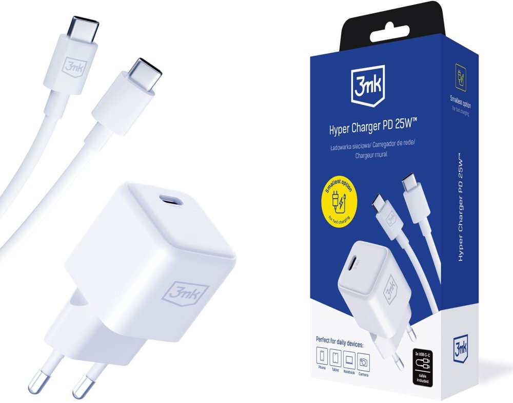 Ładowarka sieciowa 3mk Hyper Charger PD 25W, USB-C+ kabel USB-C, biały