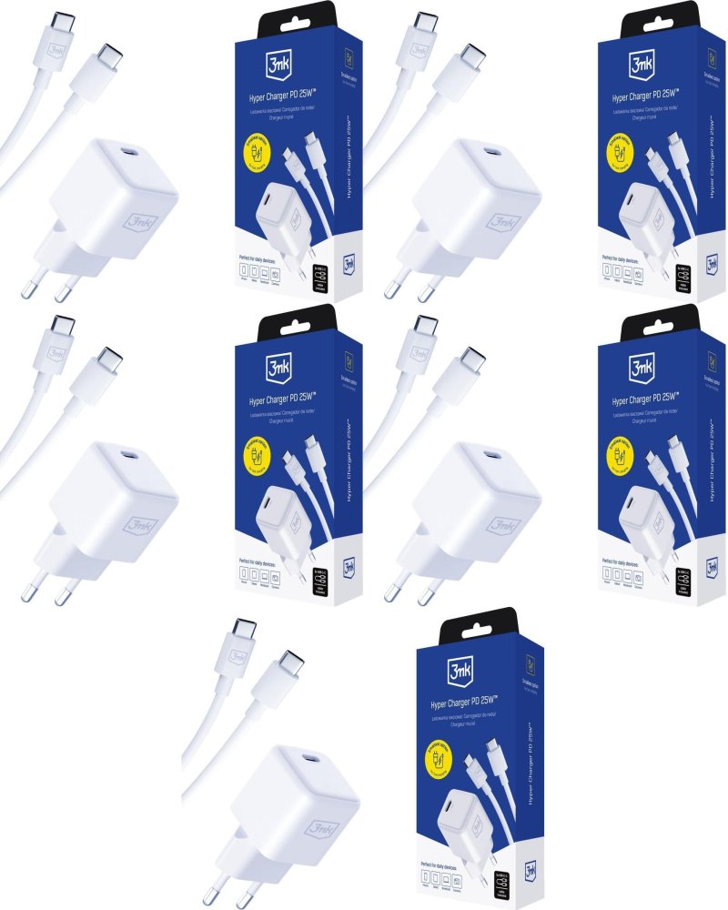 5x Ładowarka sieciowa 3mk Hyper Charger PD 25W, USB-C+ kabel USB-C, biały