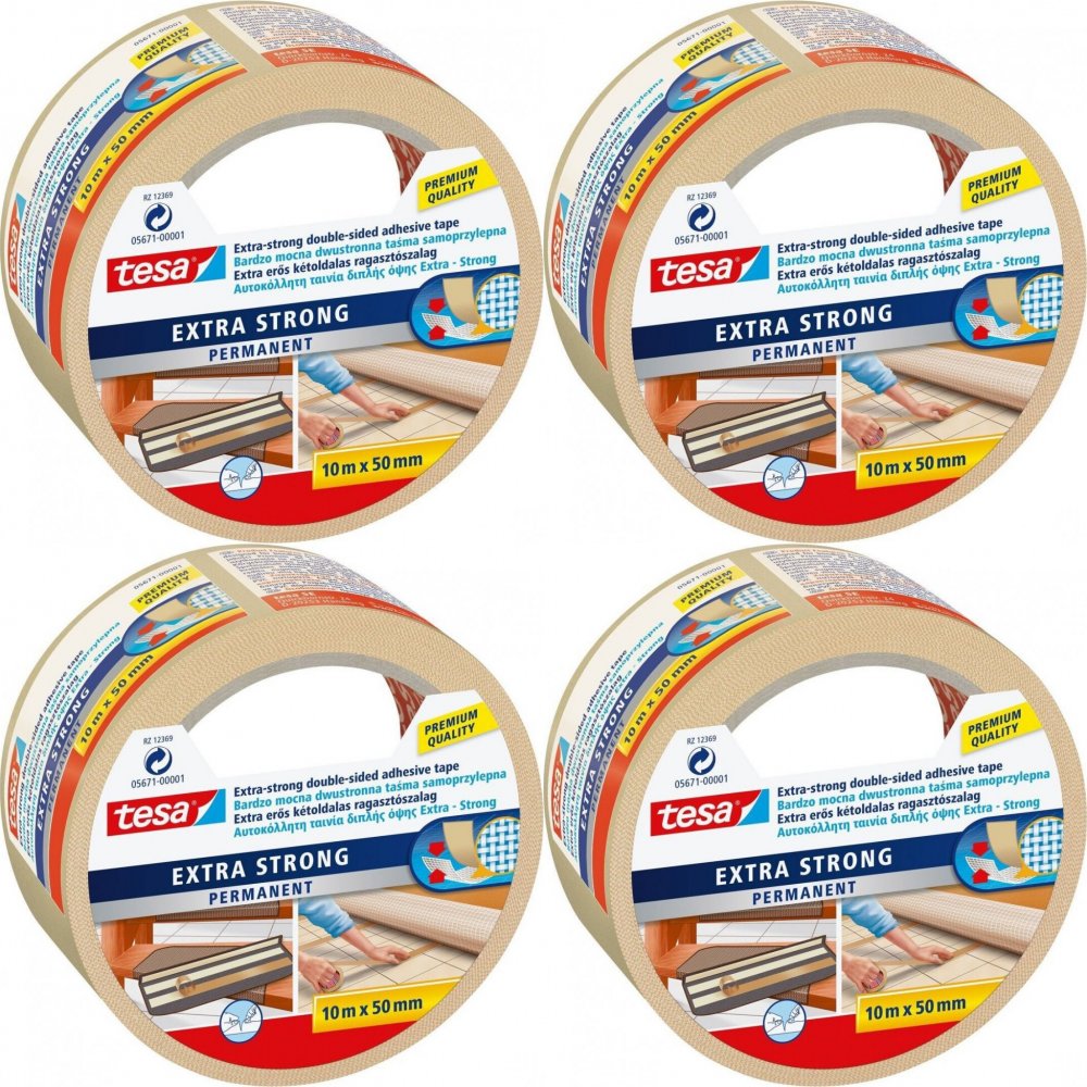 4x Taśma dwustronna Tesa Extra Strong, do wykładzin, 10m x 50mm, biały
