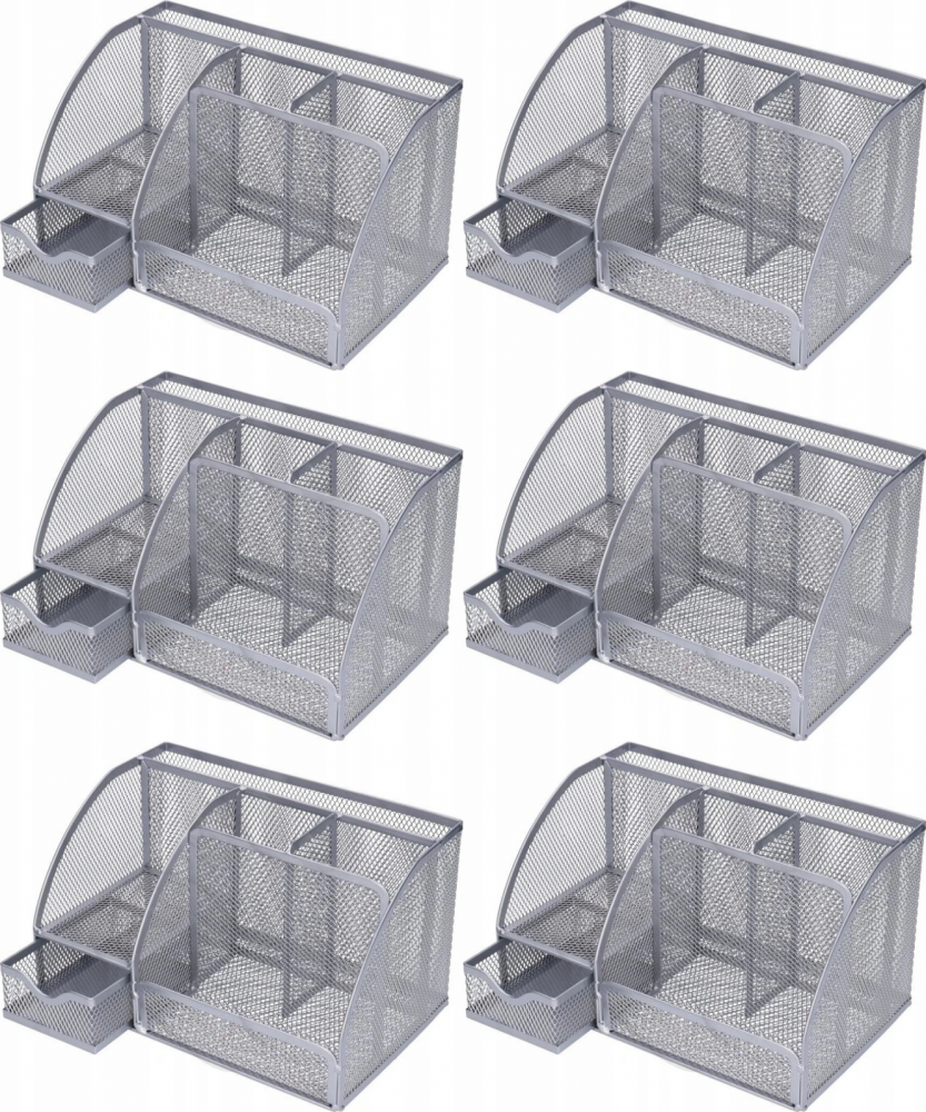 6x Przybornik na biurko Net, 6 przegród, 22x14x13 cm, srebrny