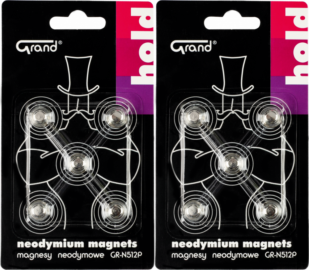 2x Magnesy neodymowe Grand GR-N512P, z uchwytem, 12mm, 5 sztuk, srebrny