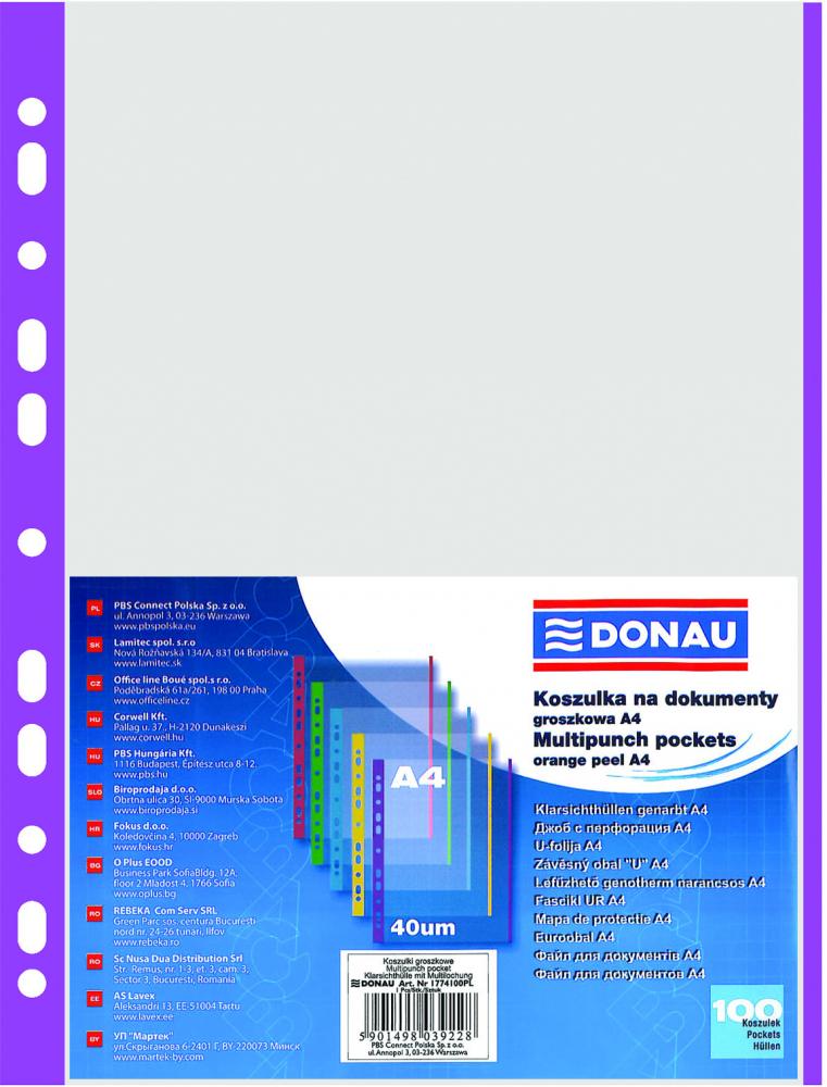 Koszulki groszkowe Donau z fioletowymi brzegami, A4, 40 μm, 100 sztuk, przezroczysty