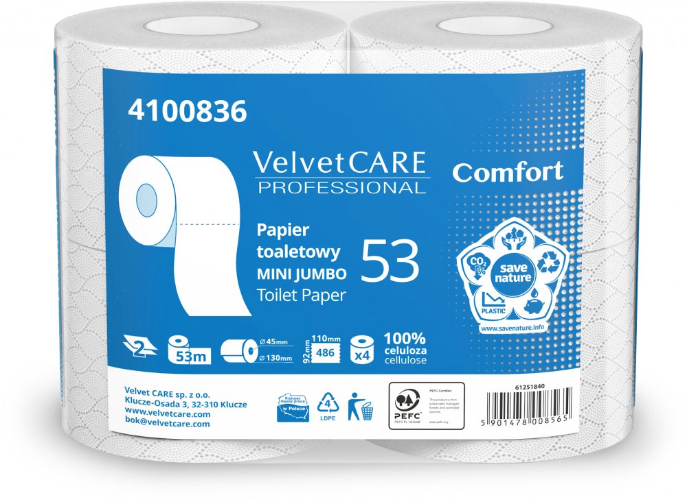 Papier toaletowy VelvetCARE Professional Mini Jumbo Comfort, 2-warstwowy, 53m, 4 rolki, biały