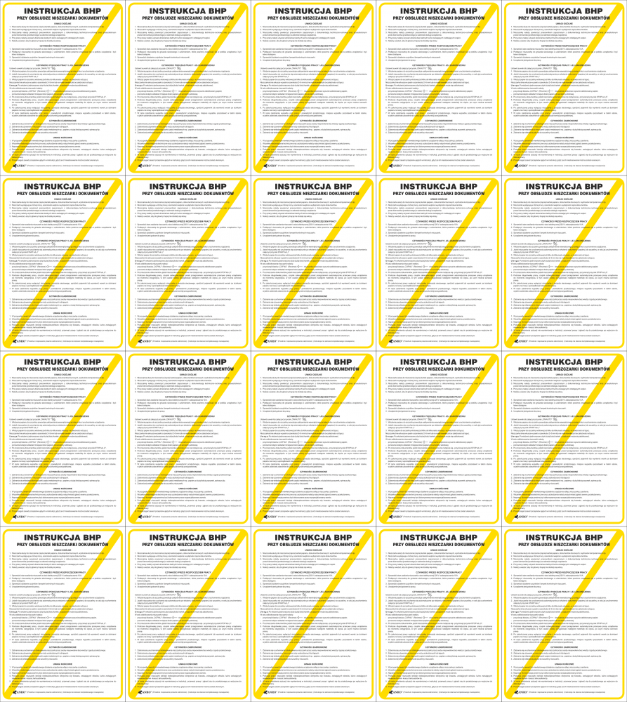 20x Instrukcja BHP i PPOŻ Anro, "BHP przy obsłudze niszczarki dokumentów", 25x35cm