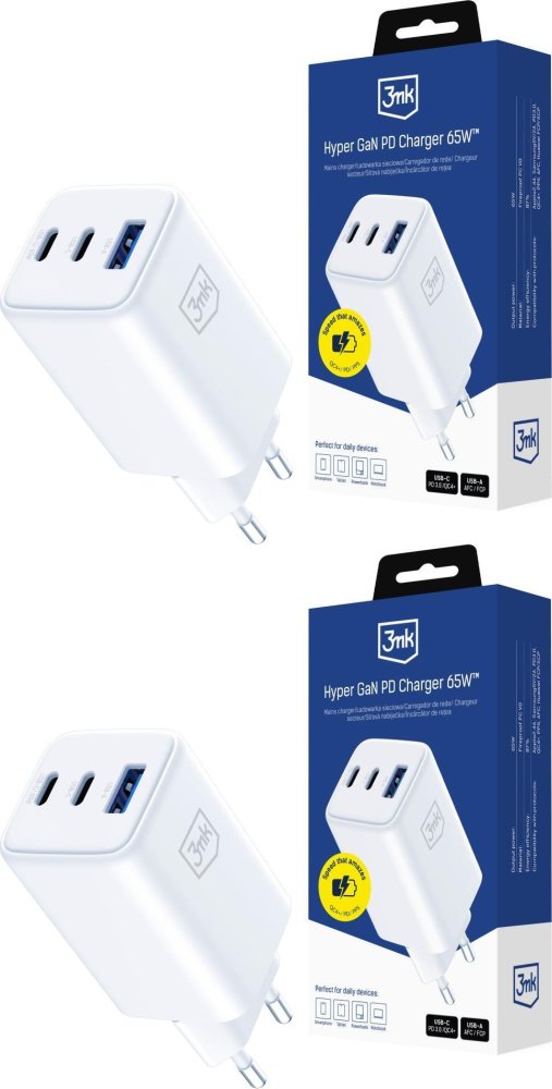 2x Ładowarka sieciowa 3mk Hyper GaN Charger 65W, QC4+ PD PPS, 2xUSB-C/USB-A, biały