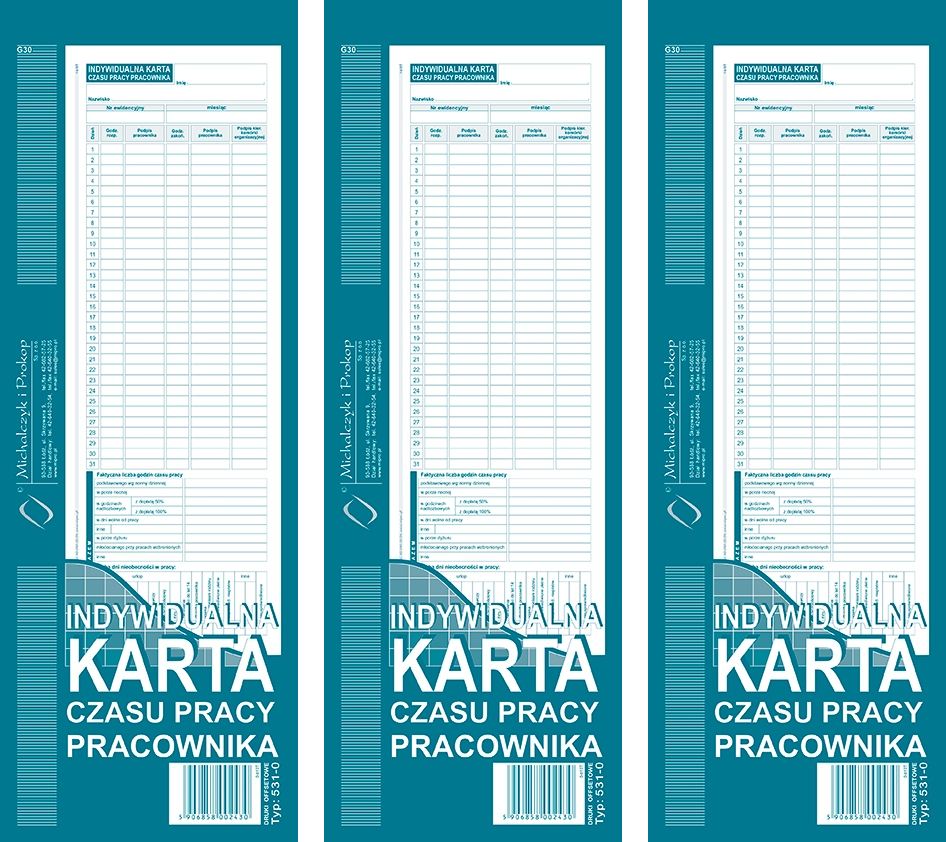 3x Druk akcydensowy Indywidualna karta czasu pracy pracownika MiP 531-0, 40k