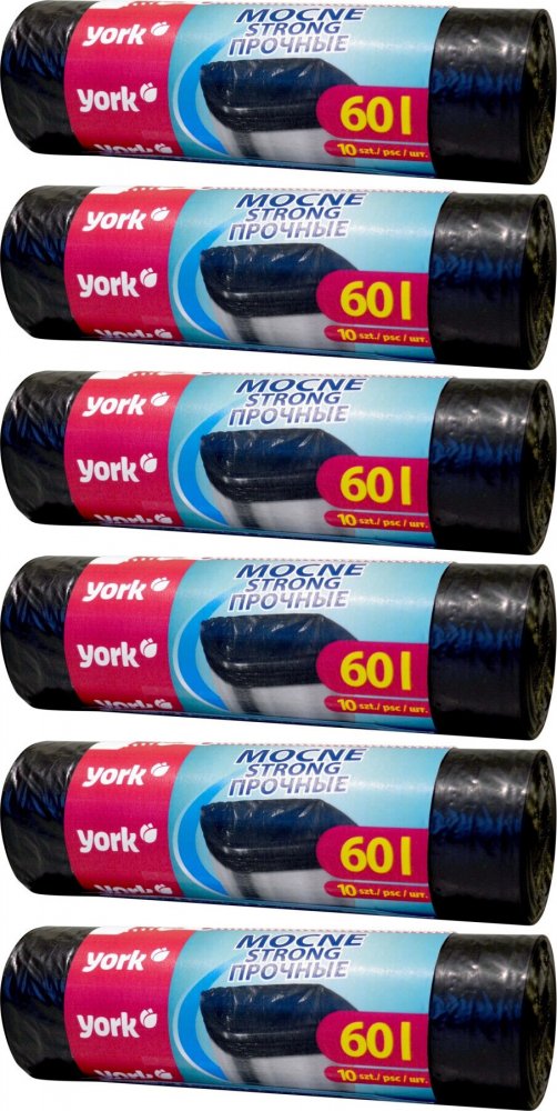 6x Worki na śmieci York Mocne, na odpady zmieszane, 60l, 10 sztuk, czarny
