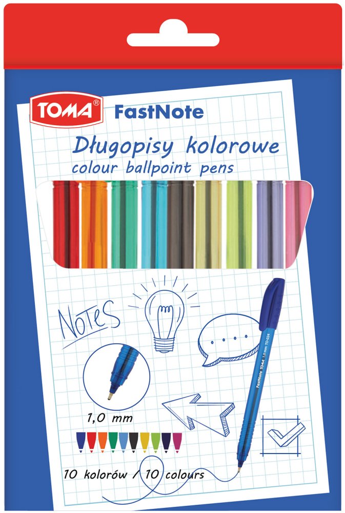 Długopis Toma FastNote TO-024, 1.0mm, 10 sztuk, mix kolorów