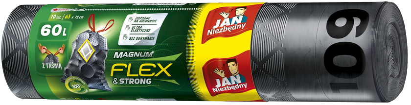 Worki na śmieci Jan Niezbędny Magnum Flex&Strong, z taśmą, na odpady zmieszane, 60l, 10 sztuk, grafitowy