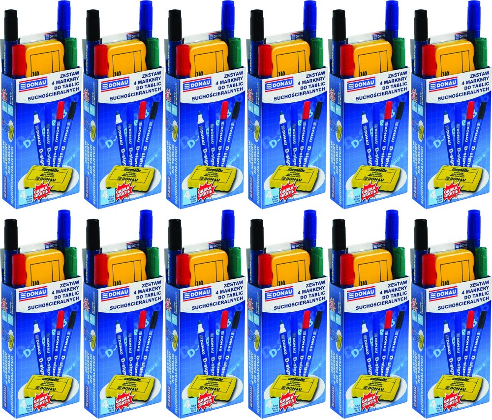 12x Marker suchościeralny Donau D-Signer B, okrągła, 4 sztuki + gąbka, mix kolorów