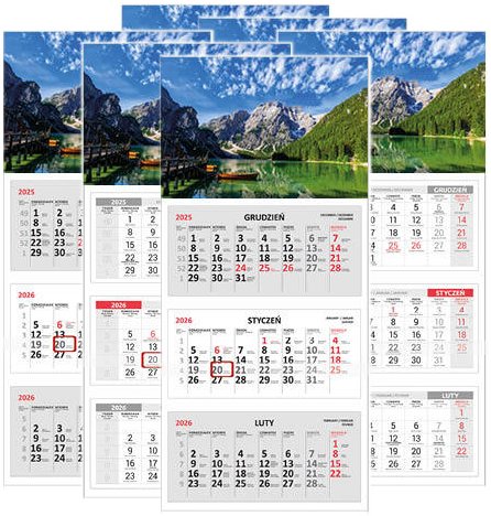 6x Kalendarz ścienny 2026, Udziałowiec, trójdzielny, 310x680mm, jezioro