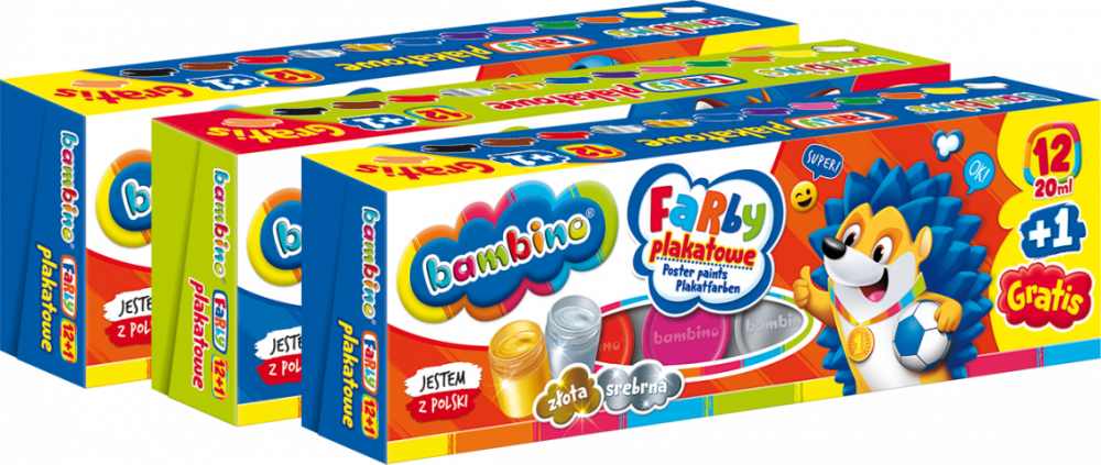 3x Farby plakatowe Bambino Zwierzaki Uczniaki, 20ml, 12 sztuk + cielista Gratis, mix kolorów