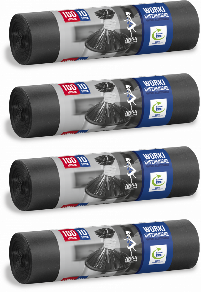 4x Worki na śmieci Anna Zaradna, supermocne, na odpady zmieszane,160l, 10 sztuk, czarny