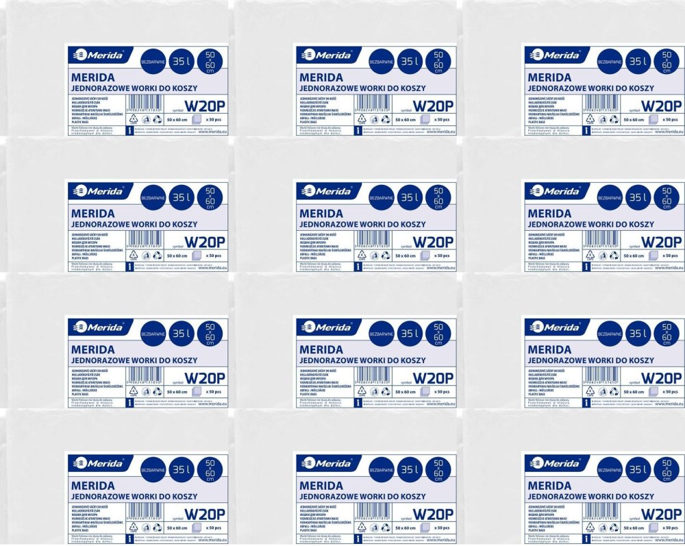 12x Worki na śmieci Merida, na odpady zmieszane, 35l, 50 sztuk, bezbarwny